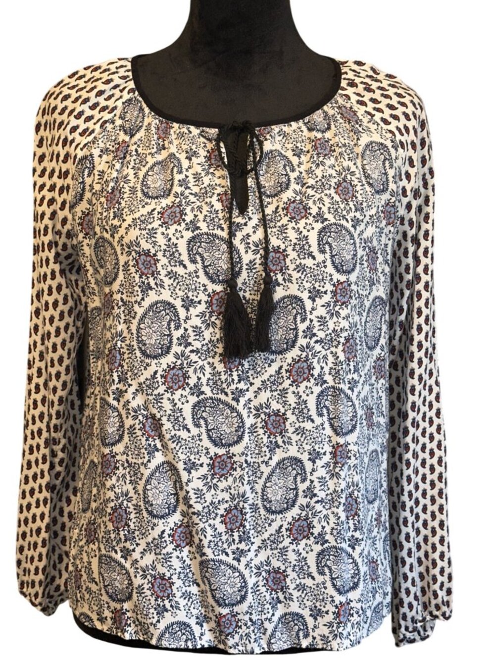 Chelsea & Theodore Womens Long-Sleeve Paisley & Polka Dot Blouse S 100% Rayon Bo